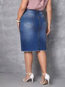 SHEIN Privé váy ngắn denim kích thước lớn Túi Hem thô Dây kéo Nút phía trước màu trơn - Rửa trung bình - Xem 3