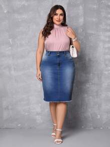 SHEIN Privé váy ngắn denim kích thước lớn Túi Hem thô Dây kéo Nút phía trước màu trơn - Rửa trung bình - Xem 1