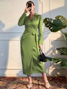 Modelyn Đầm Thắt nút Trọn gói màu trơn Thanh lịch - màu xanh lá - Xem 1