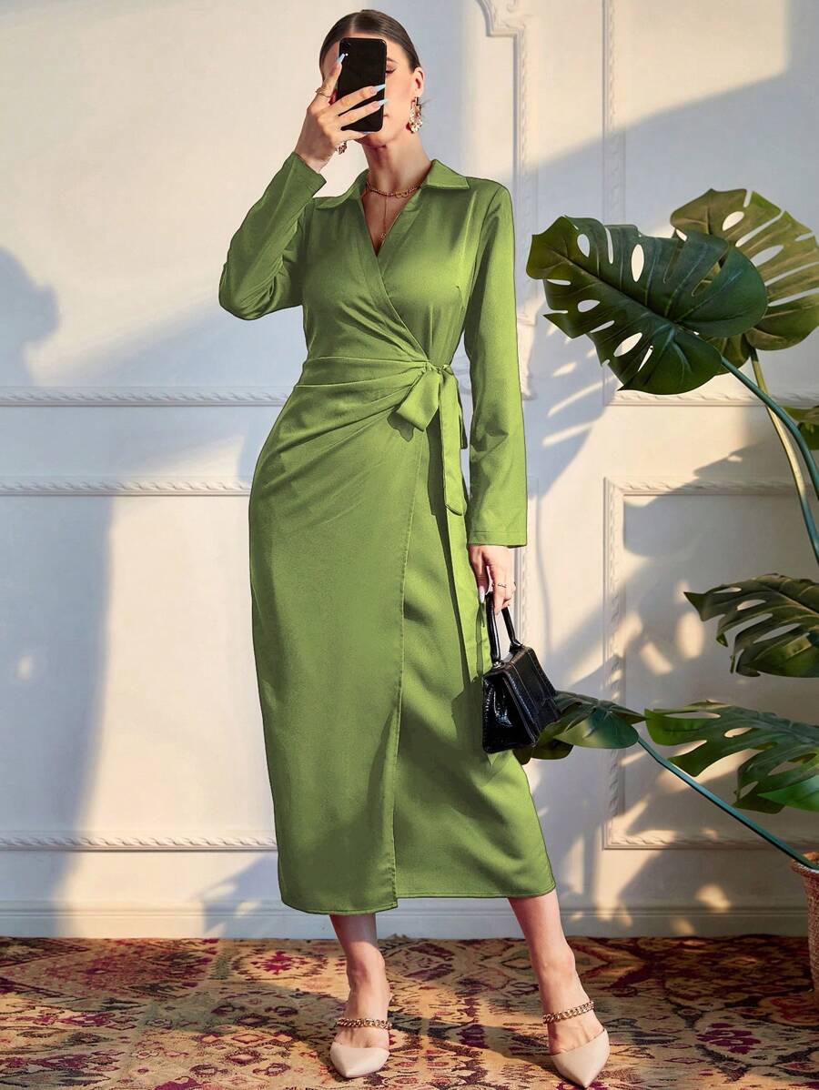 Modelyn Đầm Thắt nút Trọn gói màu trơn Thanh lịch - màu xanh lá - Xem 1