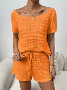 Chiquease 休閒打結純色女士兩件套 - 橘色 - 查看 1