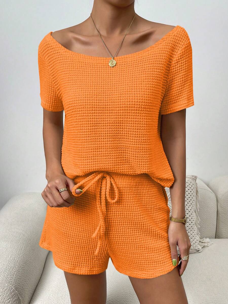 Chiquease 休閒打結純色女士兩件套 - 橘色 - 查看 1