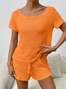 Chiquease 休閒打結純色女士兩件套 - 橘色 - 查看 6