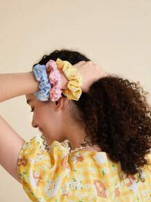 SHEIN X MOLANG 3入組女士卡通圖案時尚大腸髮圈適用於頭髮裝飾用品