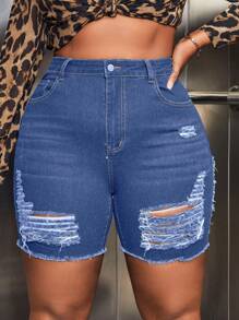 大碼破洞毛邊牛仔短褲 - 中等水洗藍 - 查看 1