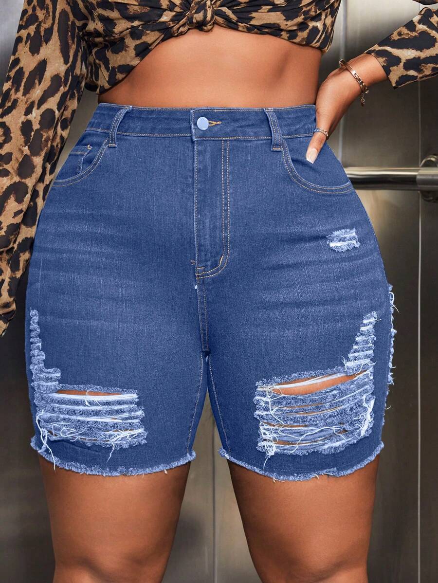 大碼破洞毛邊牛仔短褲 - 中等水洗藍 - 查看 1
