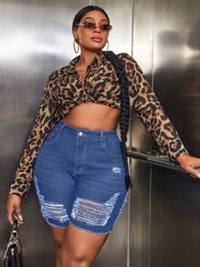 大碼破洞毛邊牛仔短褲 - 中等水洗藍 - 查看 3