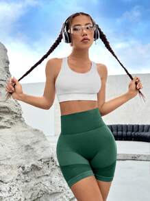 Yoga Basic Quần Shorts Thể thao Nữ Sọc - Màu xanh lá cây đậm - Xem 3