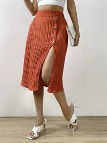 SHEIN Privé Falda con botón delantero de muslo con abertura - Óxido marrón - Ver 1