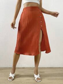 SHEIN Privé Falda con botón delantero de muslo con abertura - Óxido marrón - Ver 3