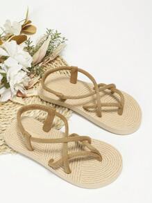 Dép đế bằng cho nữ, Dép quai hậu màu mơ và đen đơn giản, Dép đế bằng dây chun phong cách nghỉ dưỡng mùa hè, Dép hở ngón chống trượt màu trơn cho đi trong nhà và ngoài trời - màu nâu - Xem 4