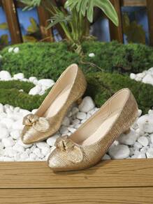 Girls Metallic Bow Decor Pleated Princess Ballet Flats For Party - Champagne - View 1