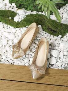 Girls Metallic Bow Decor Pleated Princess Ballet Flats For Party - Champagne - View 4