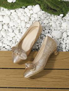 Girls Metallic Bow Decor Pleated Princess Ballet Flats For Party - Champagne - View 6