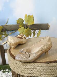 Girls Metallic Bow Decor Pleated Princess Ballet Flats For Party - Champagne - View 7