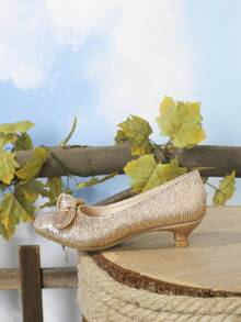 Girls Metallic Bow Decor Pleated Princess Ballet Flats For Party - Champagne - View 8