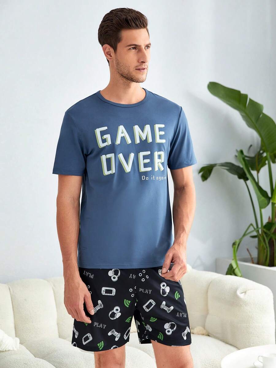 Men Slogan Graphic PJ Set / Pajama Set - Dusty Blue - View 1