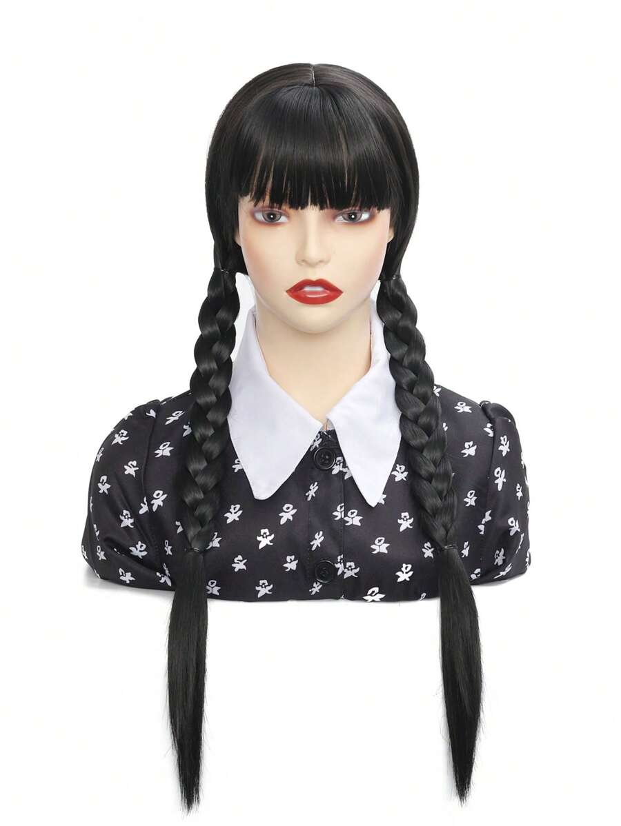 Tóc giả tổng hợp bện dài có tóc mái - màu đen - Xem 1