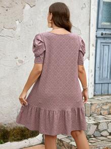 SHEIN Clasi Plus Solid Puff Sleeve Ruffle Hem Smock Dress - Dusty Pink - View 2