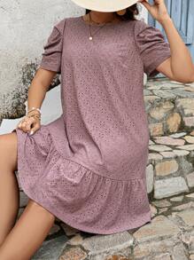 SHEIN Clasi Plus Solid Puff Sleeve Ruffle Hem Smock Dress - Dusty Pink - View 5