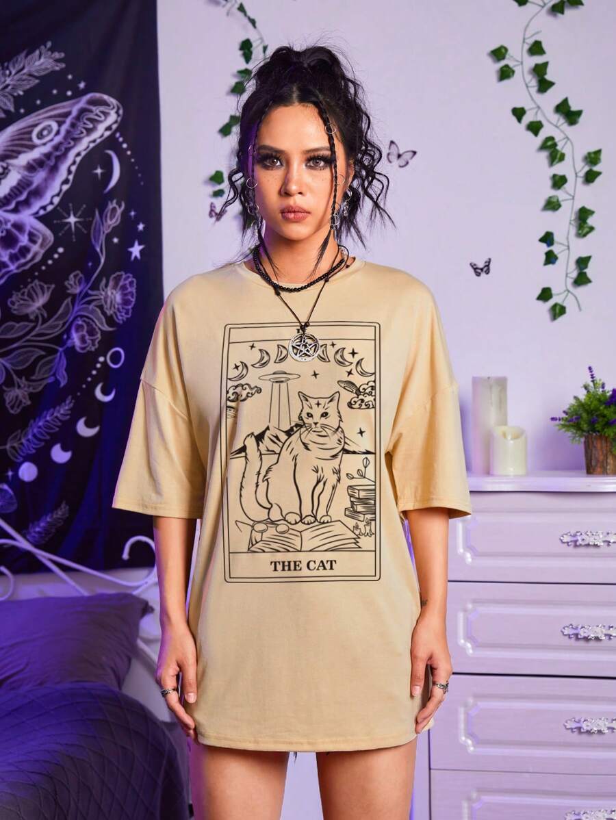 ROMWE Goth Áo thun nữ Thú vật Lá thư Giải trí - Màu be - Xem 1