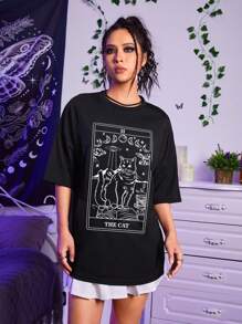ROMWE Goth 卡通圖案落肩T恤 - 黑色 - 查看 3