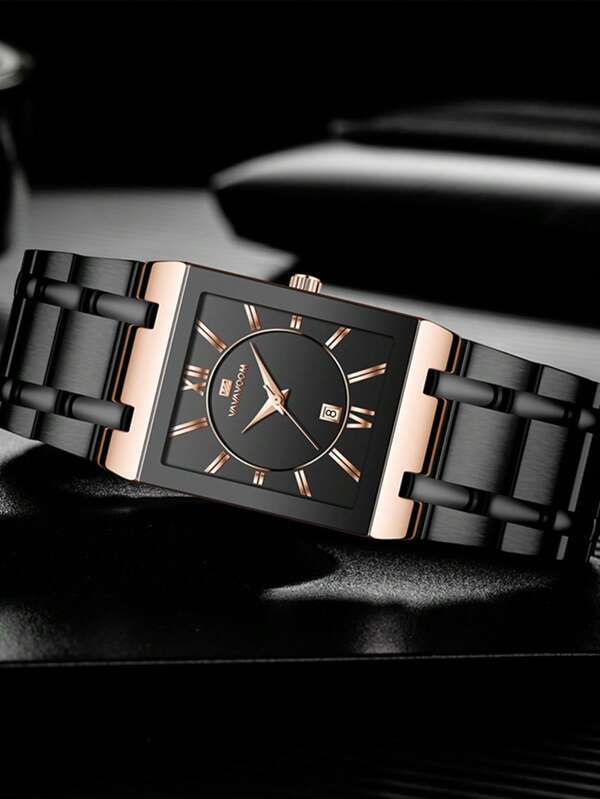 VA VA VOOM 1 Peça Relógio Masculino Moda, Mostrador Quadrado, Pulseira de Aço Inoxidável 41mm, Estilo de Negócios de Luxo, Presente Masculino, Mecanismo de Quartzo Original, Dourado, Rose Gold e Preto, Relógio Esportivo e de Trabalho para Uso Externo