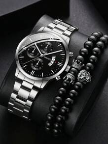 1入組男士銀色鋅合金錶帶時尚日期圓形錶盤石英手錶和2入組串珠手鍊，作為禮物 - 銀色 - 查看 1