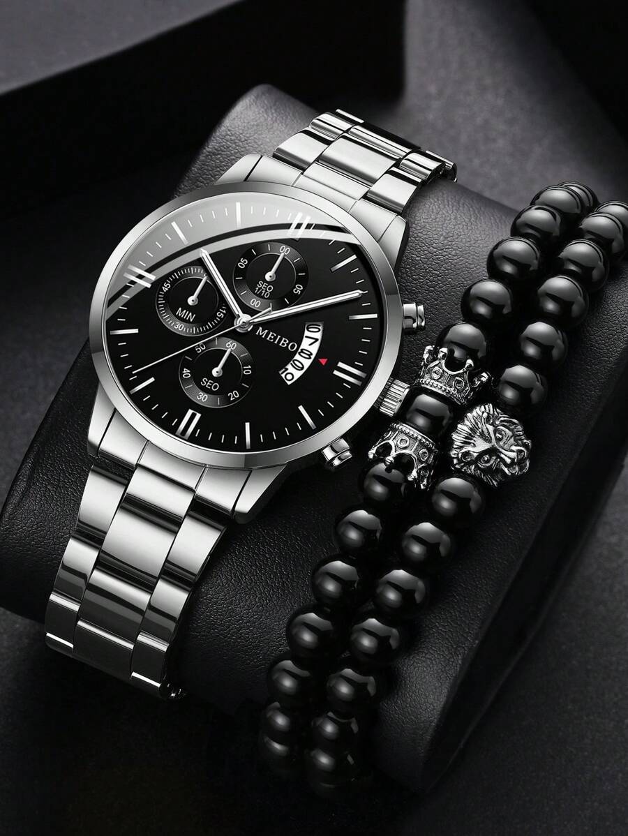 1入組男士銀色鋅合金錶帶時尚日期圓形錶盤石英手錶和2入組串珠手鍊，作為禮物 - 銀色 - 查看 1