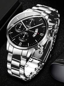 1入組男士銀色鋅合金錶帶時尚日期圓形錶盤石英手錶和2入組串珠手鍊，作為禮物 - 銀色 - 查看 2