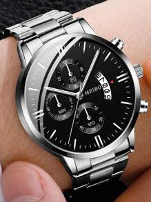 1入組男士銀色鋅合金錶帶時尚日期圓形錶盤石英手錶和2入組串珠手鍊，作為禮物 - 銀色 - 查看 4