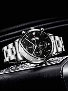 1入組男士銀色鋅合金錶帶時尚日期圓形錶盤石英手錶和2入組串珠手鍊，作為禮物 - 銀色 - 查看 5