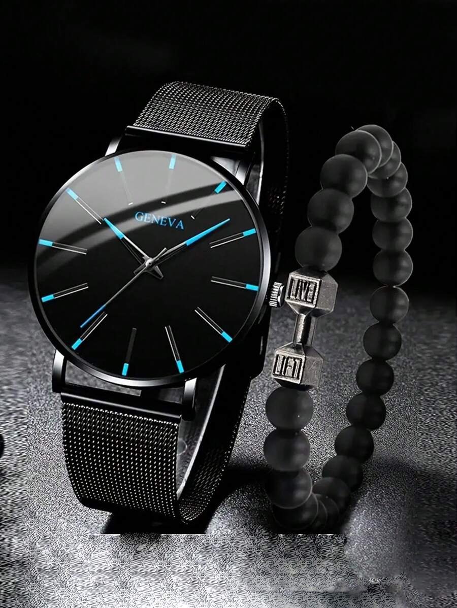 1 Đồng hồ đeo tay thạch anh hình tròn cho nam & 1 Vòng đeo tay - màu đen - Xem 1