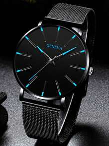 1 Đồng hồ đeo tay thạch anh hình tròn cho nam & 1 Vòng đeo tay - màu đen - Xem 3