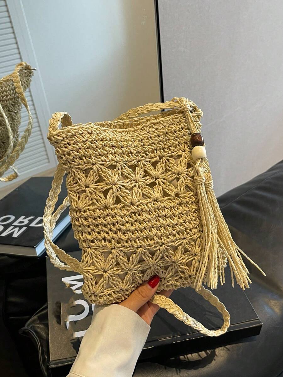 優雅 復古流蘇穗子純色女士斜肩包 - 米色 - 查看 1