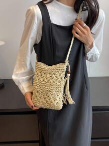 優雅 復古流蘇穗子純色女士斜肩包 - 米色 - 查看 2