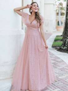 EVERPRETTY 蝴蝶袖蕾絲伴娘洋裝 - 藕粉色 - 查看 1