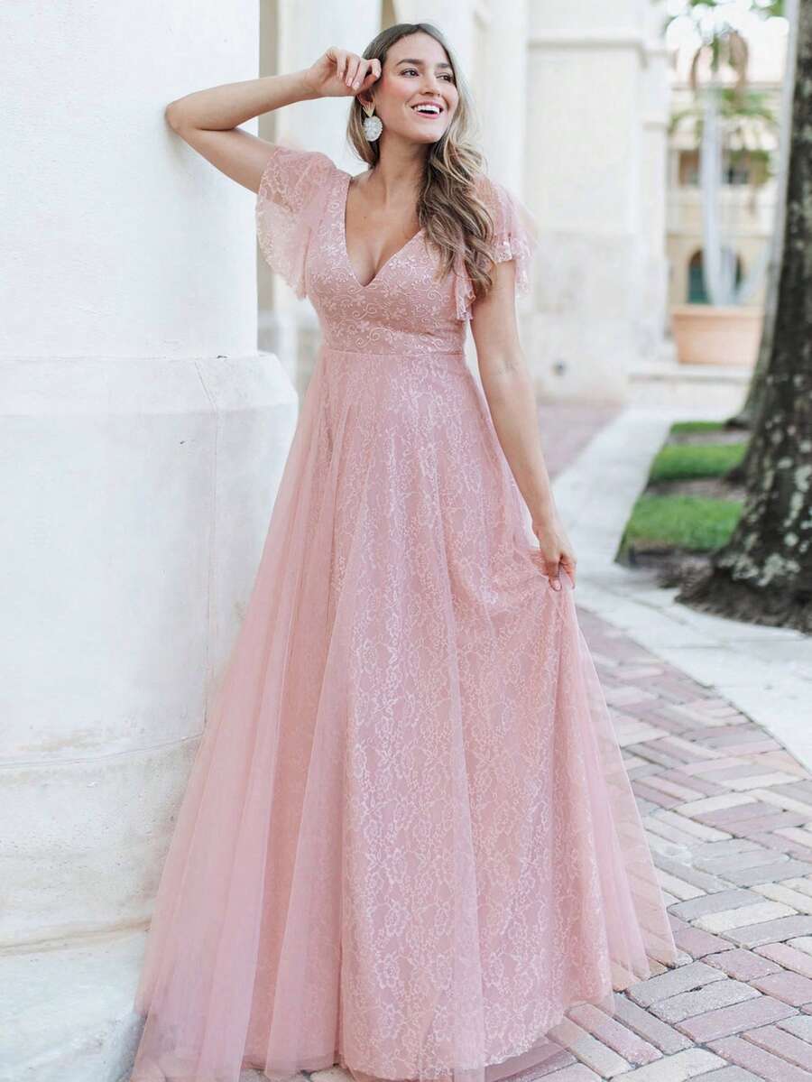 EVERPRETTY 蝴蝶袖蕾絲伴娘洋裝 - 藕粉色 - 查看 1