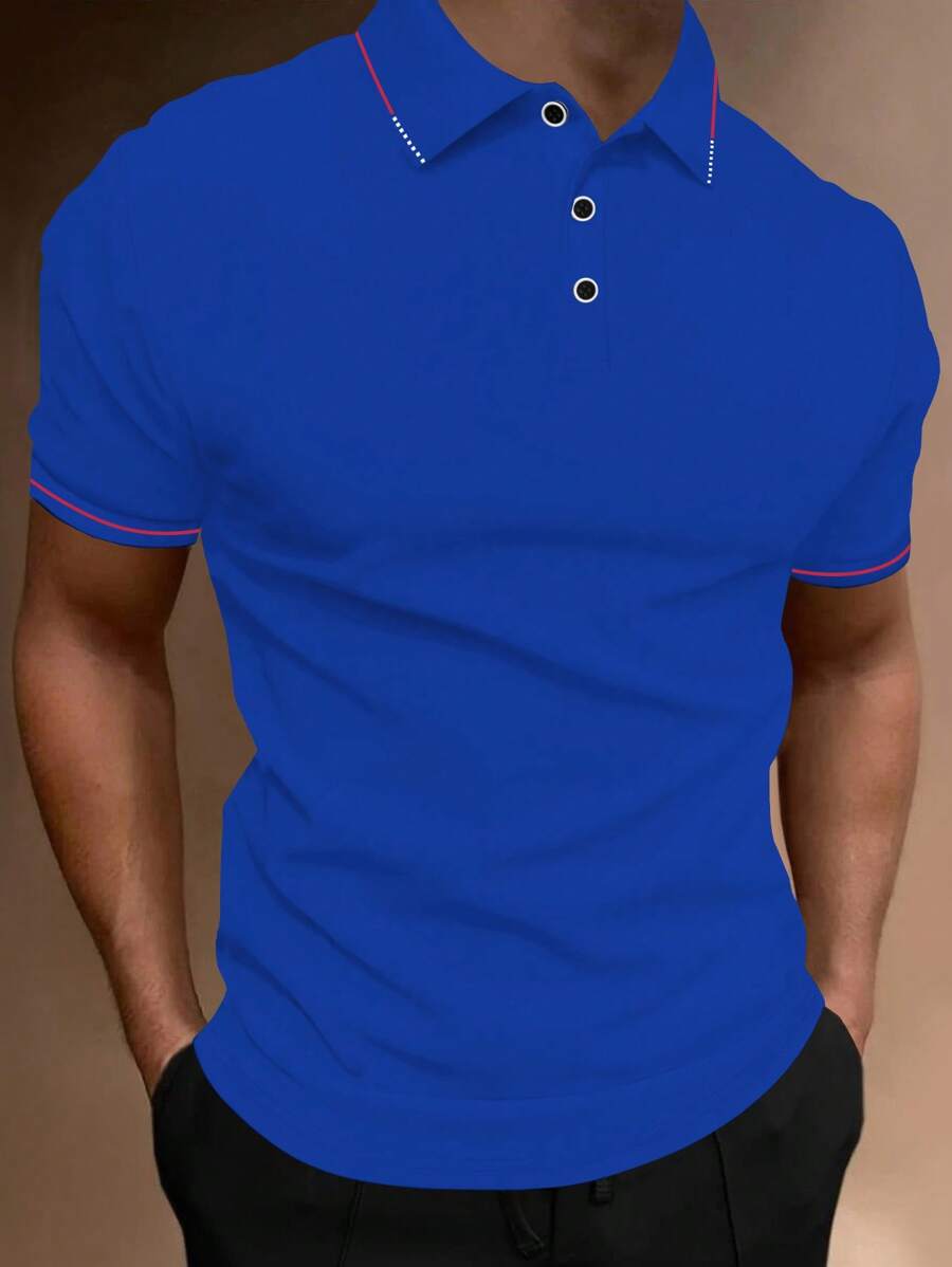 Manfinity Homme Áo thun có cổ Nam Nút phía trước màu trơn Giải trí - Màu xanh lam - Xem 1