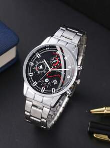 Men Round Pointer Date Quartz Watch - Silver - View 2