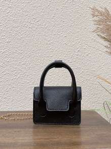 Chicas Bolsa cuadrada de litchi en relieve con cadena PU con solapa - Negro - Ver 2