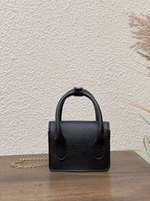 Chicas Bolsa cuadrada de litchi en relieve con cadena PU con solapa - Negro - Ver 6