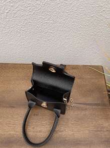 Chicas Bolsa cuadrada de litchi en relieve con cadena PU con solapa - Negro - Ver 7
