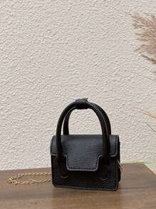 Chicas Bolsa cuadrada de litchi en relieve con cadena PU con solapa - Negro - Ver 8