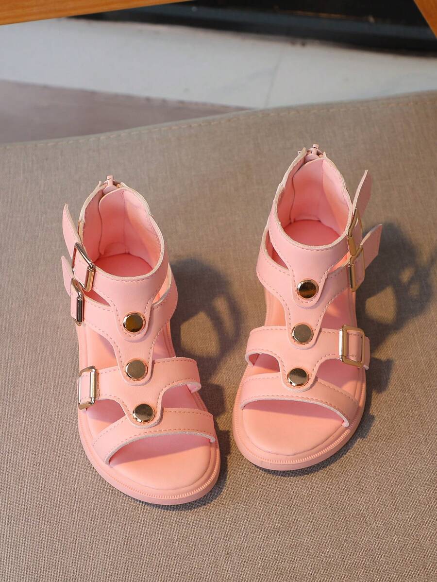 Girls Studded & Buckle Decor Zipper Back Vacation Gladiator Sandals For Summer - Pink - View 1