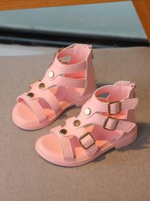 Girls Studded & Buckle Decor Zipper Back Vacation Gladiator Sandals For Summer - Pink - View 2
