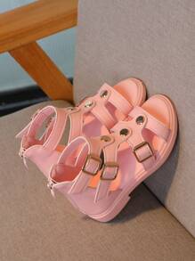Girls Studded & Buckle Decor Zipper Back Vacation Gladiator Sandals For Summer - Pink - View 5