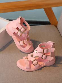 Girls Studded & Buckle Decor Zipper Back Vacation Gladiator Sandals For Summer - Pink - View 6