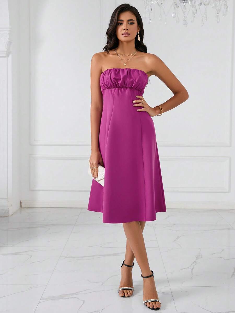 SHEIN Frenchy Ruched Bust Tube Dress Christmas Elegant - Hot Pink - View 1