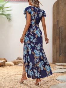 SHEIN LUNE Floral Print Butterfly Sleeve High Low Hem Dress Maxi Women Outfit - Navy Blue - View 2